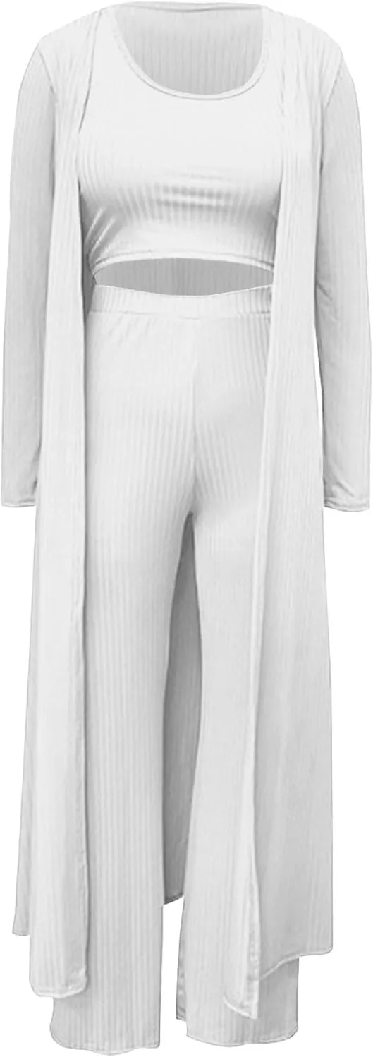 Women's 3 Piece Knit Lounge Set Pajama Long Sleeve Cardigan Sleeveless Top High Waist Pants Sweatsuit Loungewear