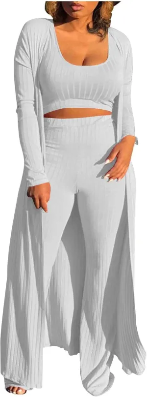 Women's 3 Piece Knit Lounge Set Pajama Long Sleeve Cardigan Sleeveless Top High Waist Pants Sweatsuit Loungewear