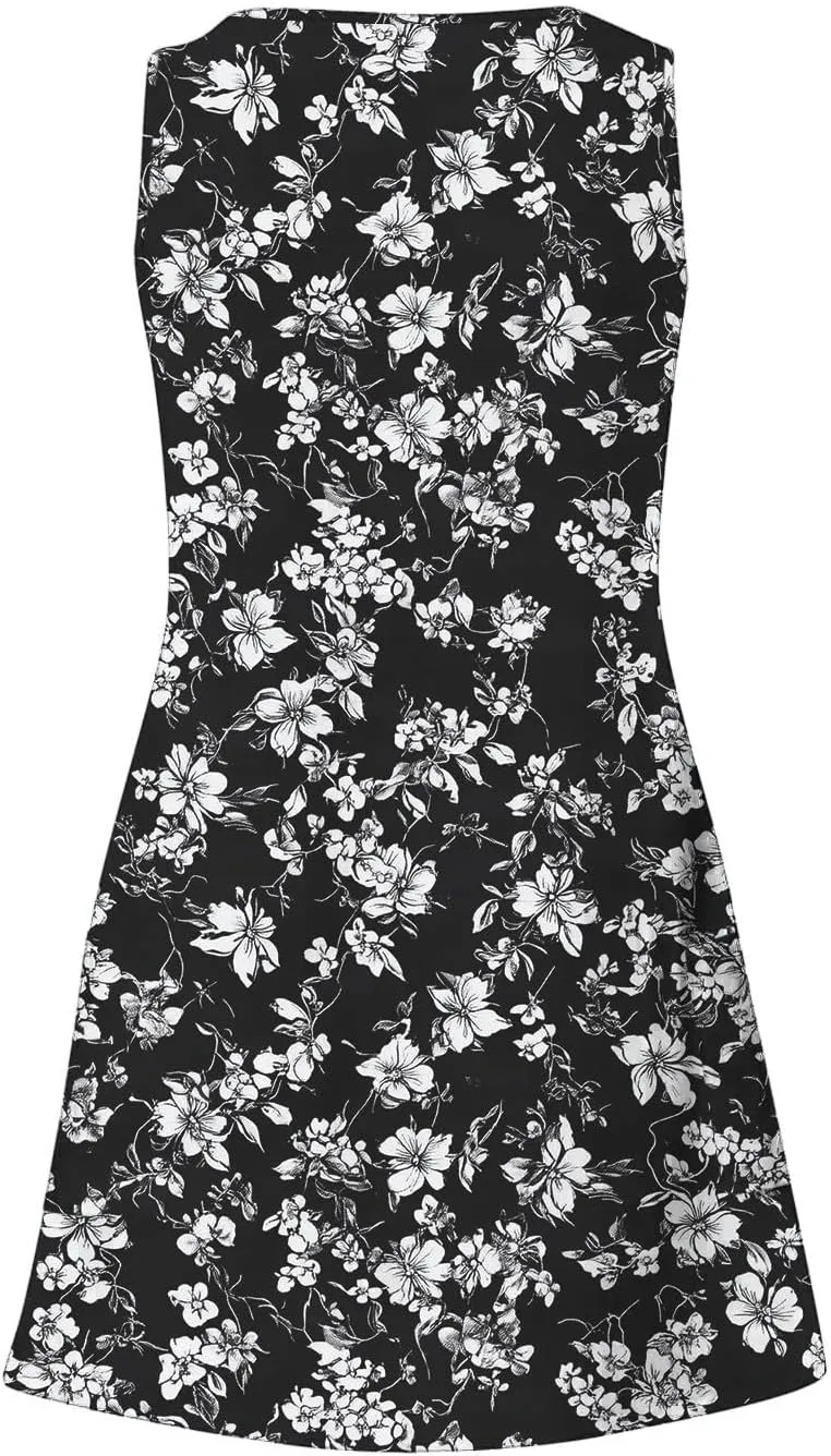 Womens Beach Dresses Trendy Swimsuit Cover Ups Sleeveless Vacation Dresses Floral Flowy Mini Dress Swing Dresses