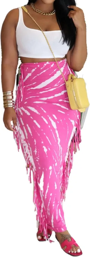 Women's Boho Fringe Midi Skirts Sexy Bodycon High Waisted Side Tassels Wrap Maxi Long Skirt