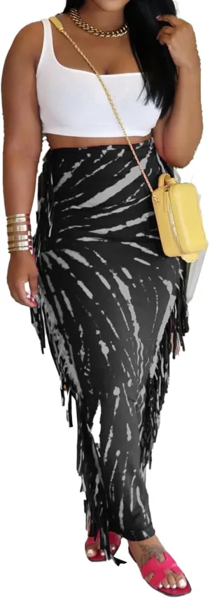 Women's Boho Fringe Midi Skirts Sexy Bodycon High Waisted Side Tassels Wrap Maxi Long Skirt