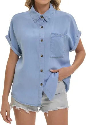 Women's Button Down Cropped Denim Shirt Casual Business Jean Tops with Pockets