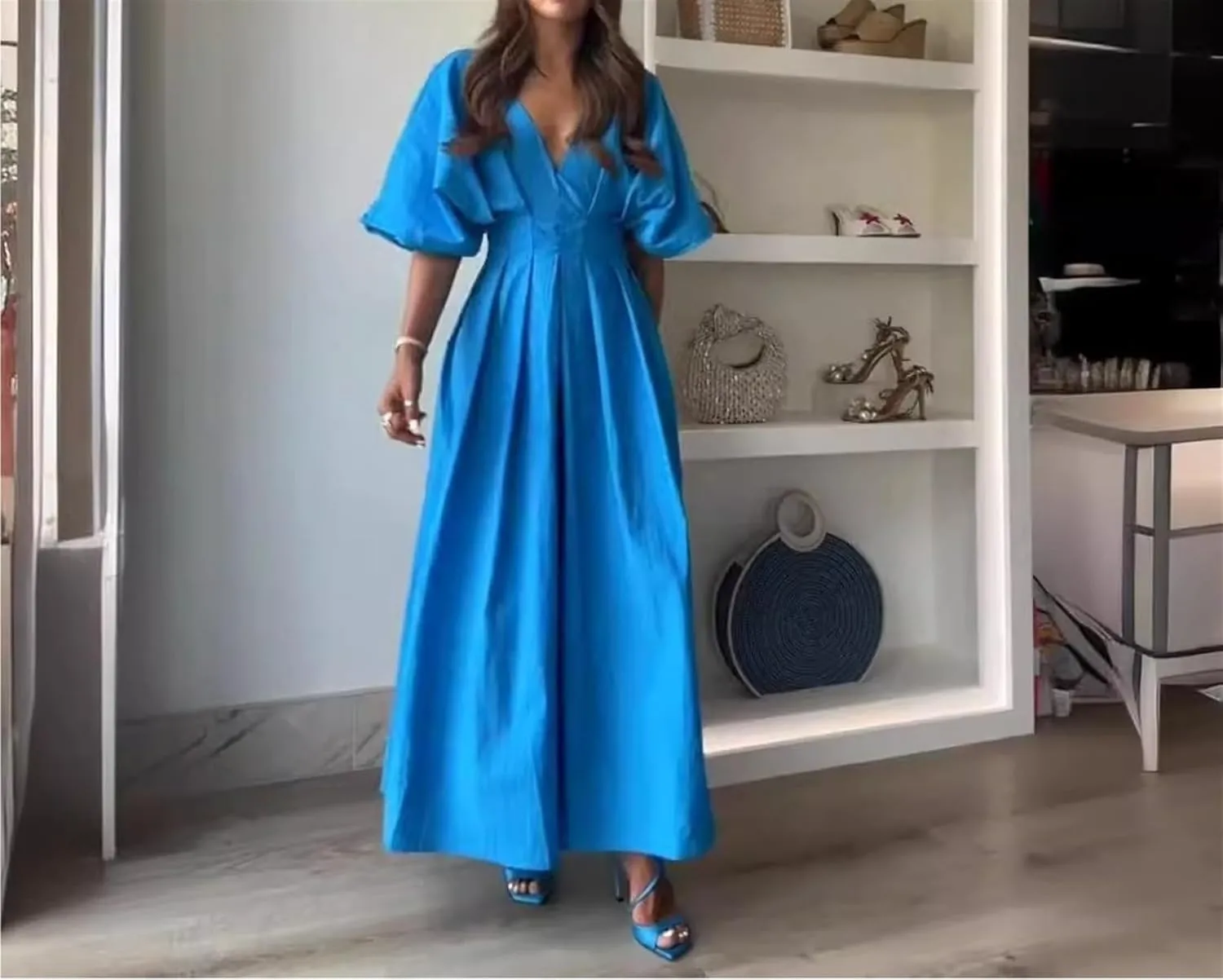 Women's Casual Dresses, Blue V-neck Pleated Long Skirts, Loose Elegant and Fashionable Waist Swing Resort Dresses