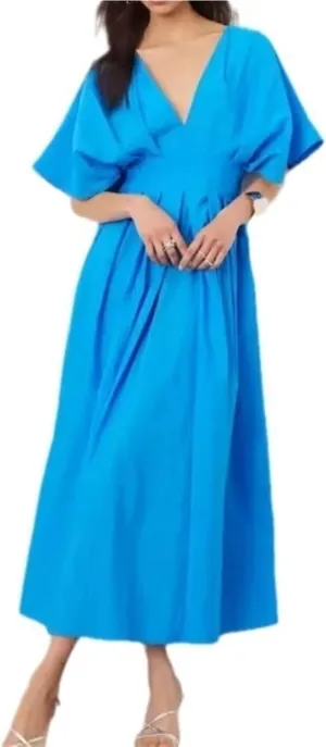 Women's Casual Dresses, Blue V-neck Pleated Long Skirts, Loose Elegant and Fashionable Waist Swing Resort Dresses