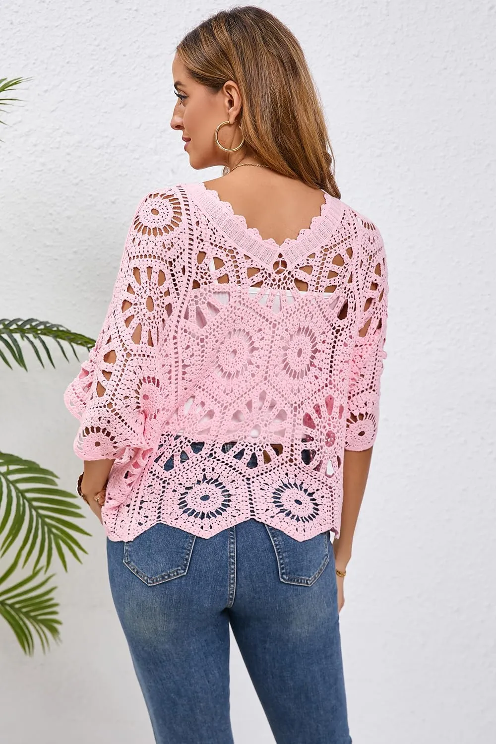Women's Crochet Tops Boho Hollow Out V-Neck Pullover Lace Cove Up