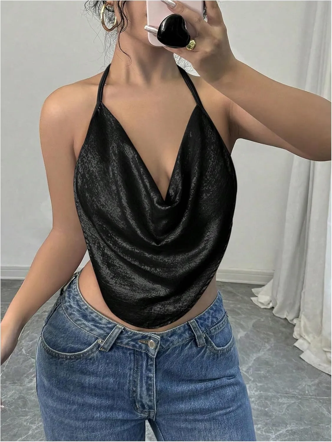 Women's Draped Neck Halter Top Sleeveless Slim Fit Crop Camisole Tops Party Clothes