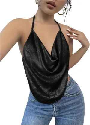 Women's Draped Neck Halter Top Sleeveless Slim Fit Crop Camisole Tops Party Clothes
