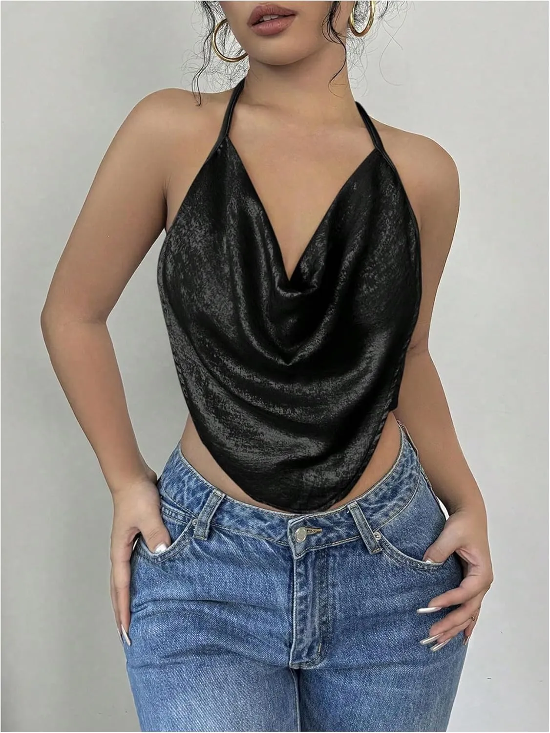 Women's Draped Neck Halter Top Sleeveless Slim Fit Crop Camisole Tops Party Clothes