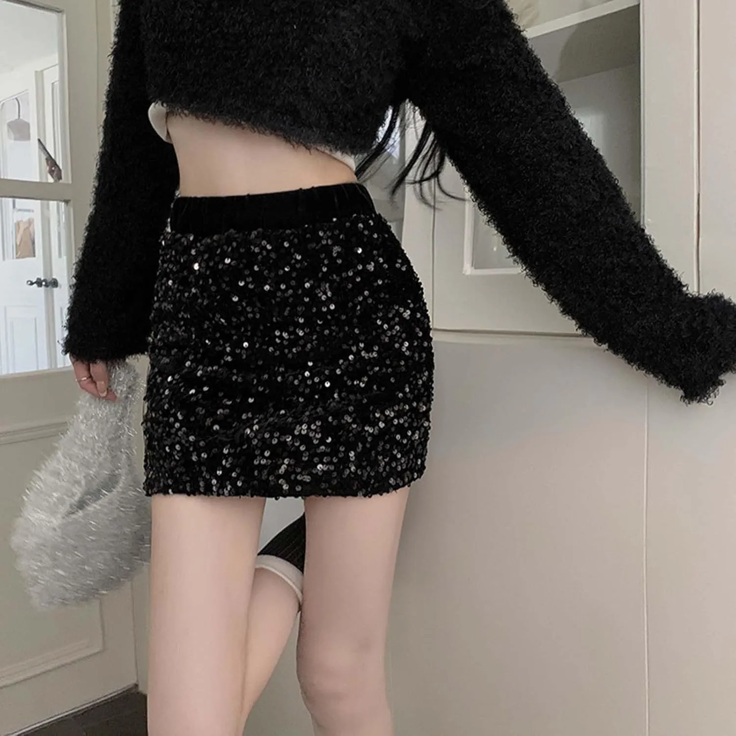Womens Fashionable Sequin Skirt High Waisted and Hip Wrapped Short Skirtrt Skirt Overalls Plus Size