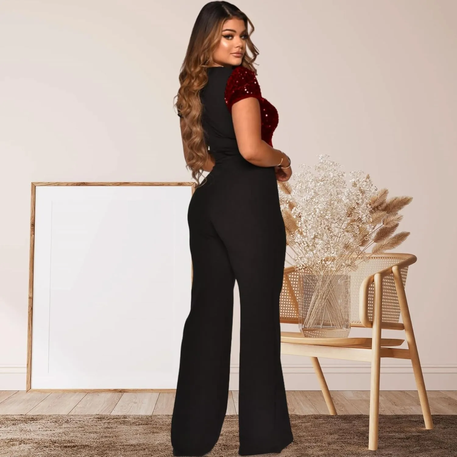 Women's fashionable, sexy, elegant, high waisted, wide leg pants, club business party button jumpsuit