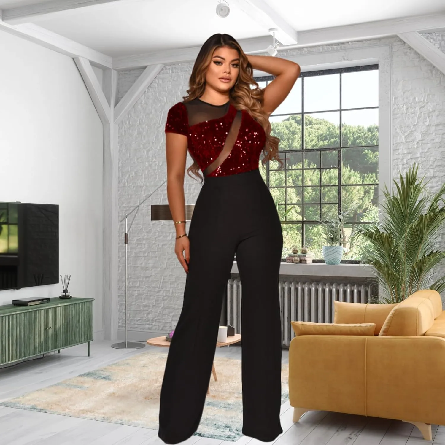 Women's fashionable, sexy, elegant, high waisted, wide leg pants, club business party button jumpsuit