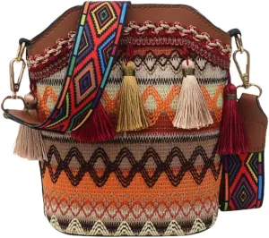 Women's Fashionable Woven Single-Shoulder Bucket Bag with Tassels, Water Ripple Design, Adjustable Wide Strap