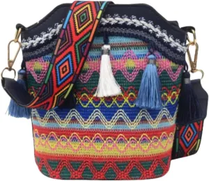 Women's Fashionable Woven Single-Shoulder Bucket Bag with Tassels, Water Ripple Design, Adjustable Wide Strap