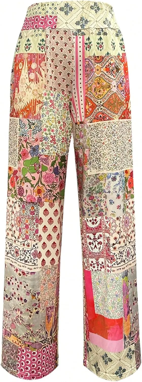 Women's Floral Print Wide Leg Baggy Pants Boho Elastic High Rise Summer Long Trousers