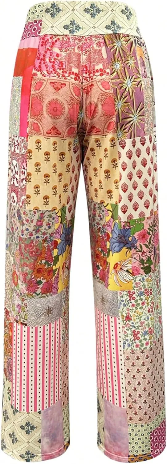 Women's Floral Print Wide Leg Baggy Pants Boho Elastic High Rise Summer Long Trousers