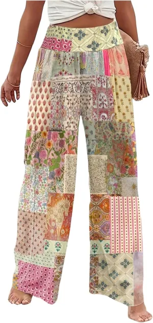 Women's Floral Print Wide Leg Baggy Pants Boho Elastic High Rise Summer Long Trousers