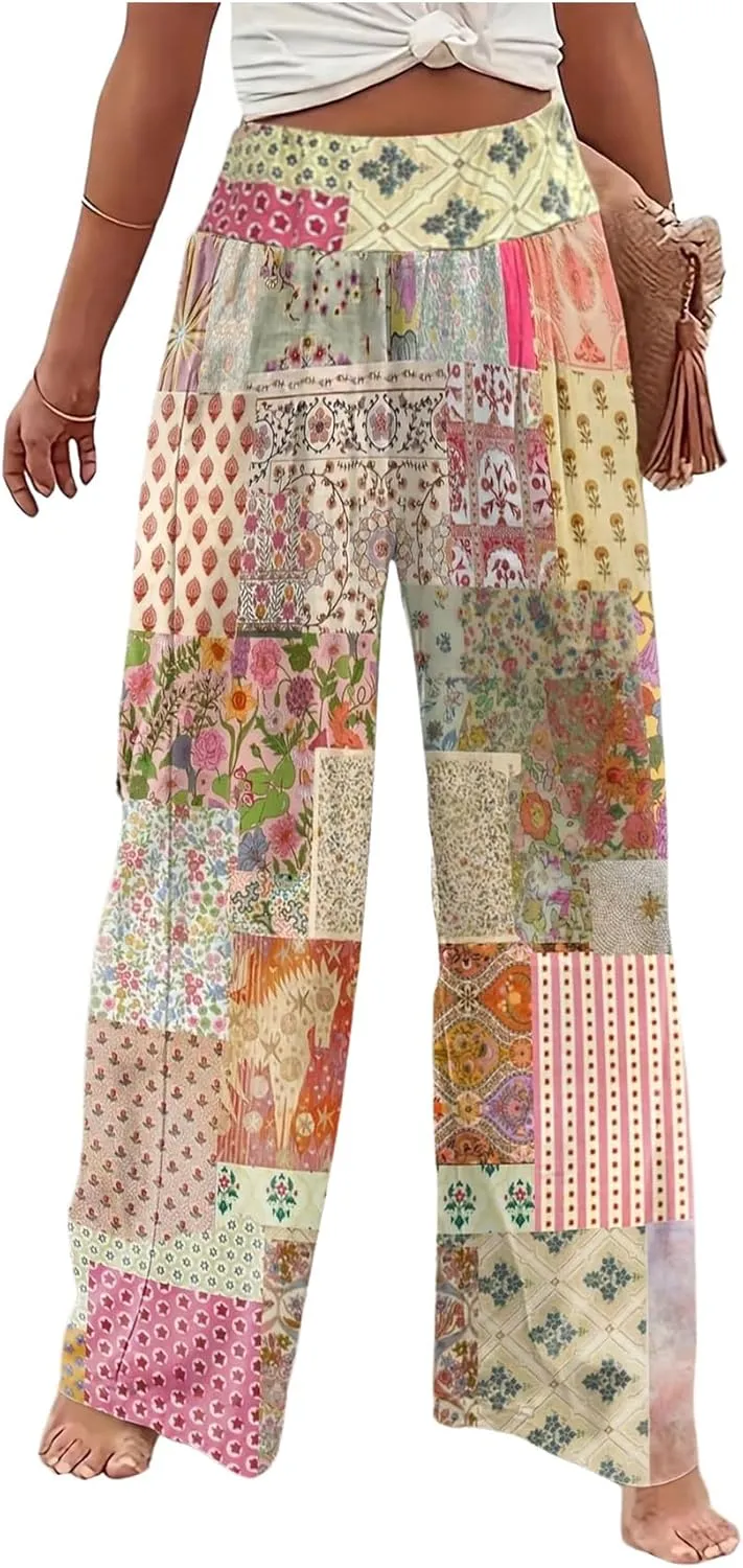 Women's Floral Print Wide Leg Baggy Pants Boho Elastic High Rise Summer Long Trousers