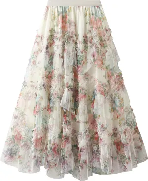 Women's Floral Tulle Maxi Skirts Summer Boho Sheer Mesh High Waist A Line Flowy Layered Casual Long Skirt