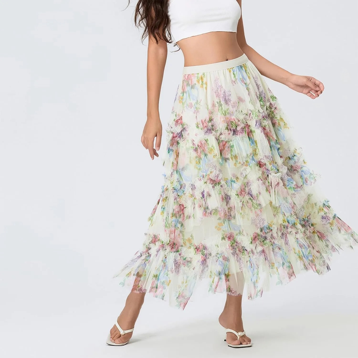 Women's Floral Tulle Maxi Skirts Summer Boho Sheer Mesh High Waist A Line Flowy Layered Casual Long Skirt
