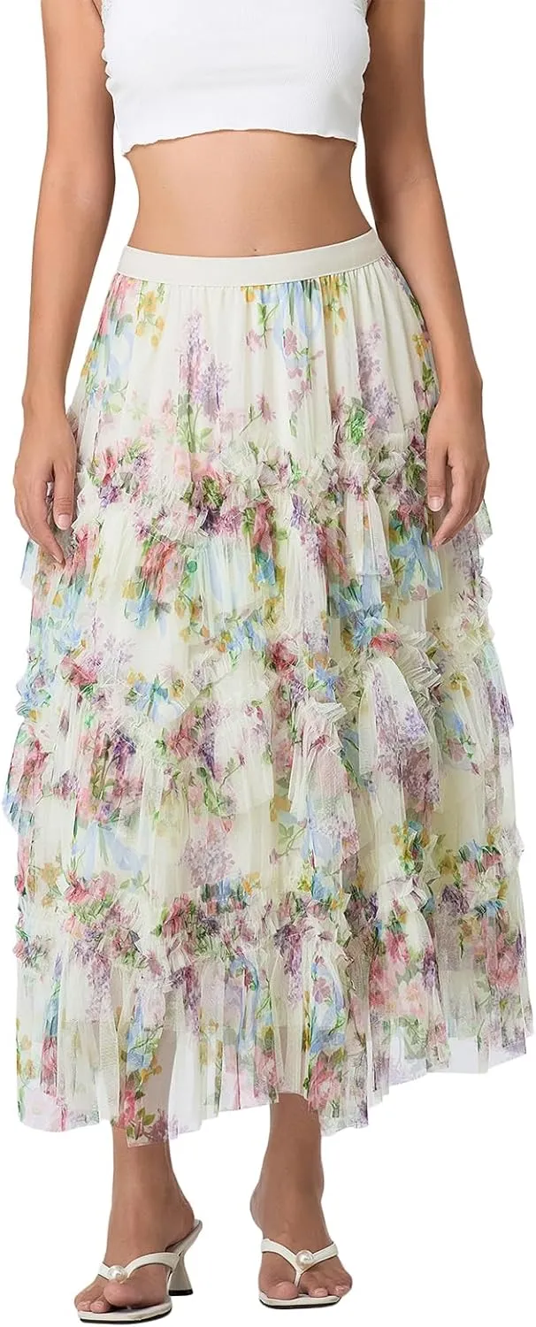 Women's Floral Tulle Maxi Skirts Summer Boho Sheer Mesh High Waist A Line Flowy Layered Casual Long Skirt