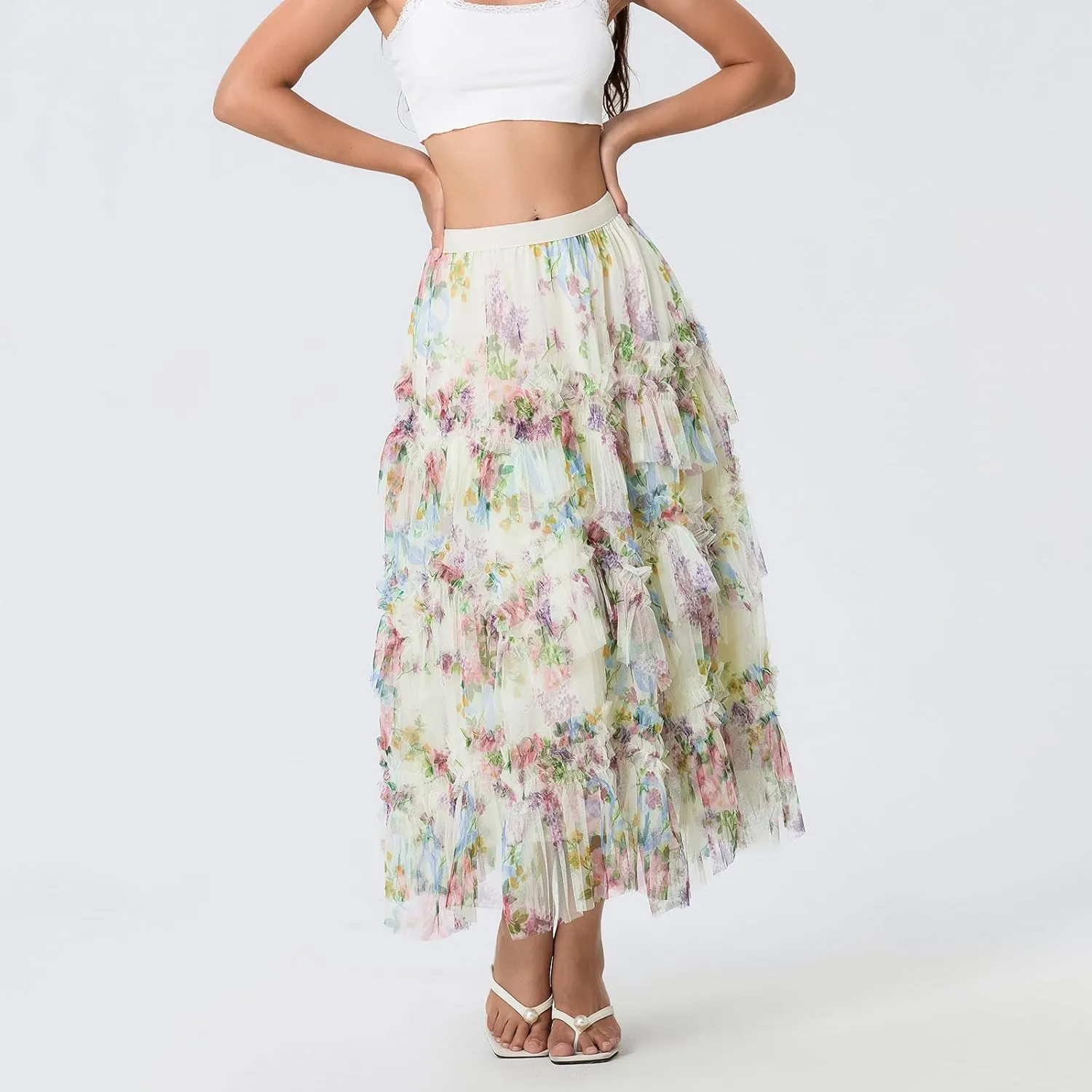 Women's Floral Tulle Maxi Skirts Summer Boho Sheer Mesh High Waist A Line Flowy Layered Casual Long Skirt