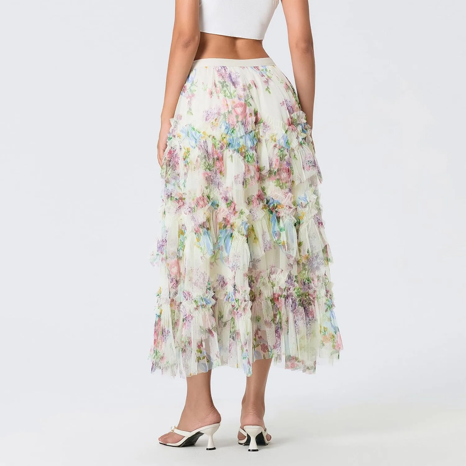 Women's Floral Tulle Maxi Skirts Summer Boho Sheer Mesh High Waist A Line Flowy Layered Casual Long Skirt