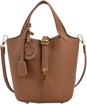 Women's genuine leather bucket bag, women's large capacity soft belt lock crossbody handbag, fashionable shoulder bag