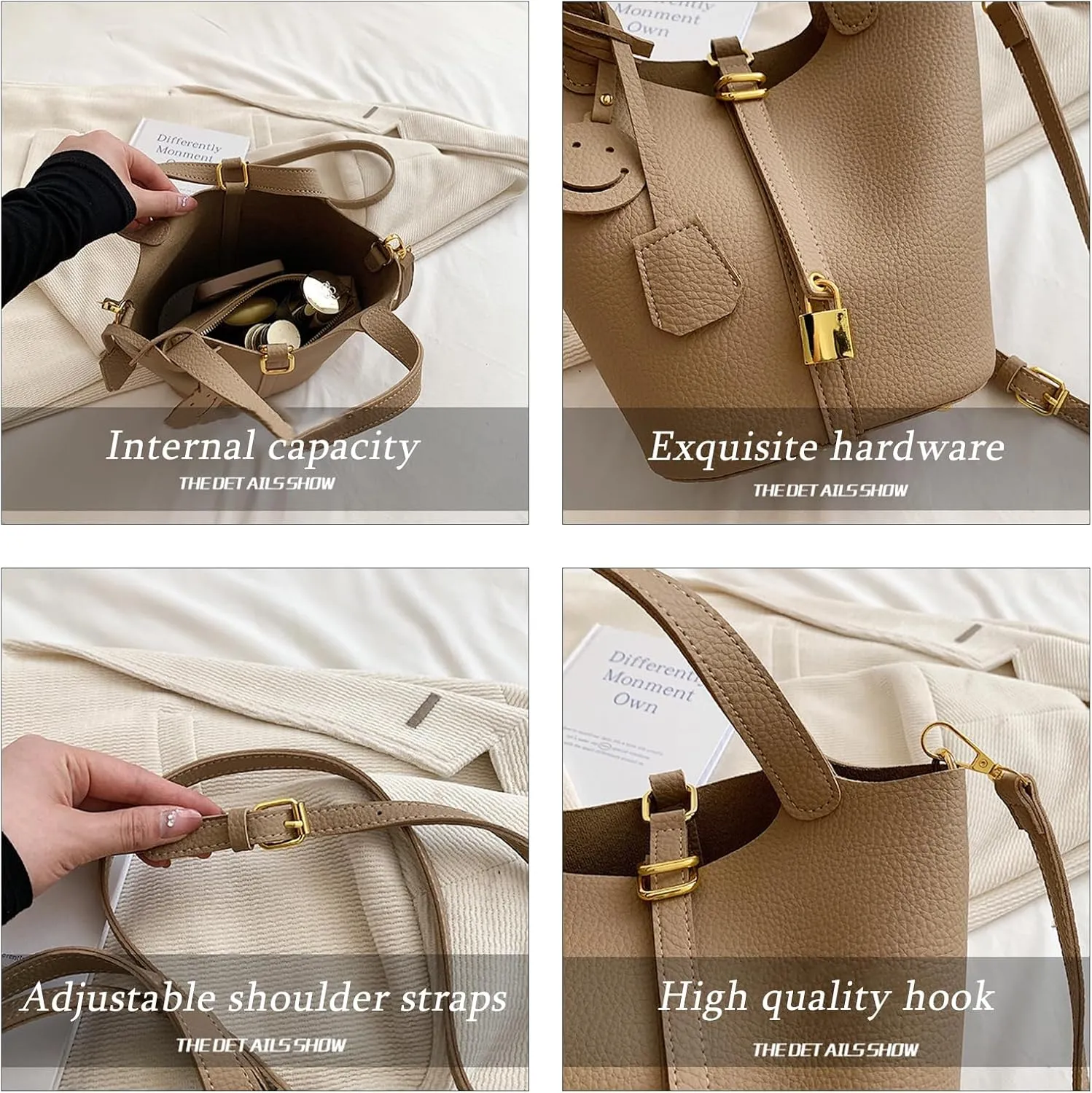 Women's genuine leather bucket bag, women's large capacity soft belt lock crossbody handbag, fashionable shoulder bag