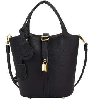 Women's genuine leather bucket bag, women's large capacity soft belt lock crossbody handbag, fashionable shoulder bag