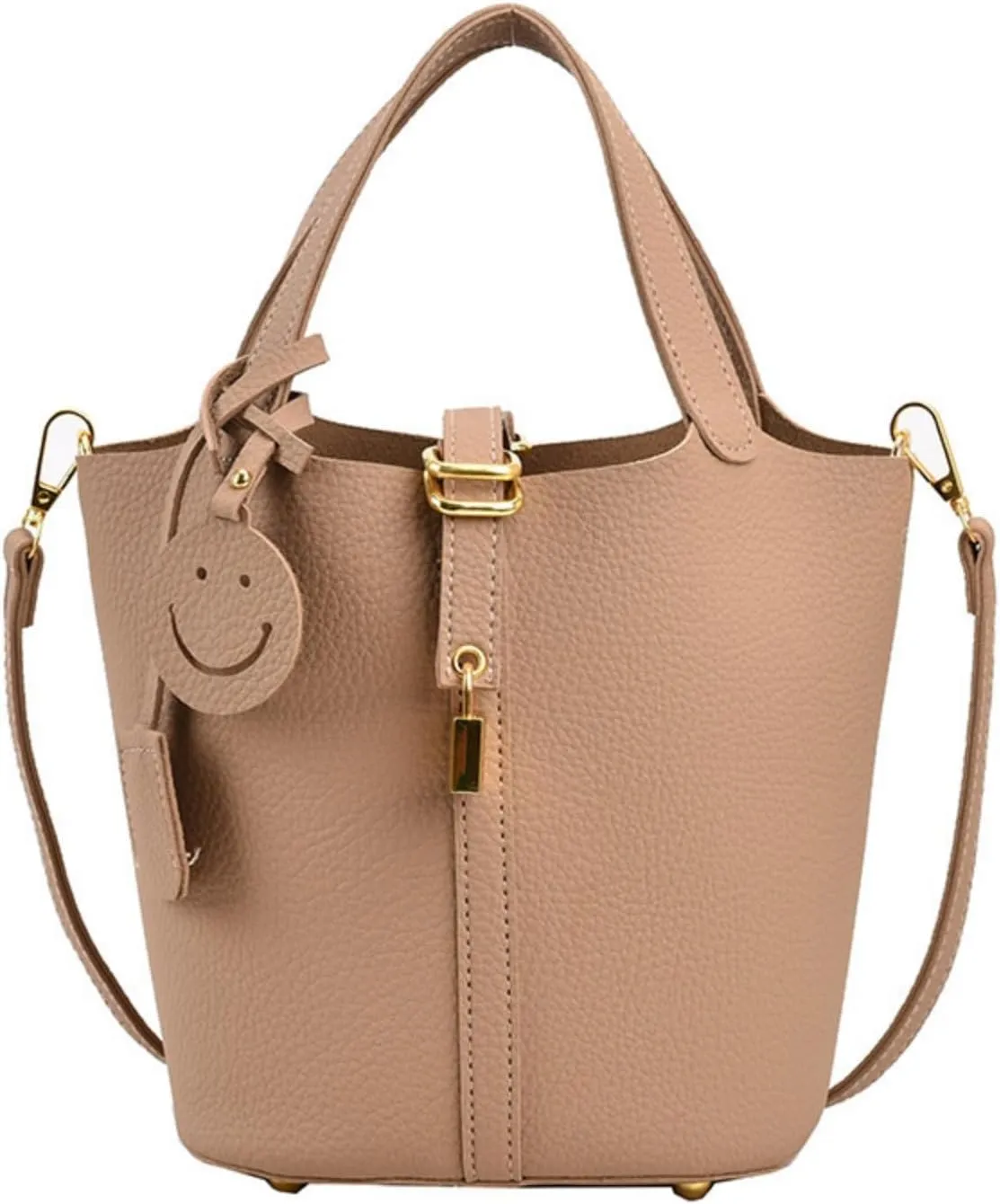 Women's genuine leather bucket bag, women's large capacity soft belt lock crossbody handbag, fashionable shoulder bag