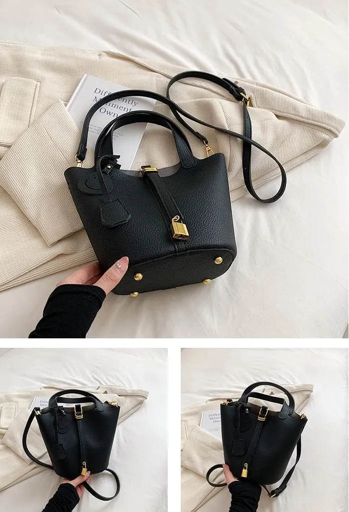 Women's genuine leather bucket bag, women's large capacity soft belt lock crossbody handbag, fashionable shoulder bag