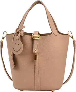 Women's genuine leather bucket bag, women's large capacity soft belt lock crossbody handbag, fashionable shoulder bag