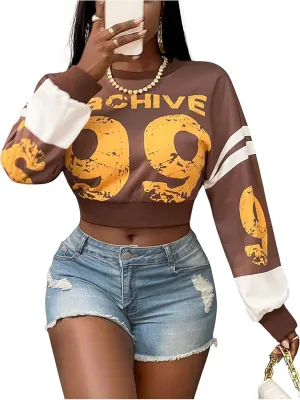 Women's Graphic Print Sweatshirt Pullover Crew Neck Long Sleeve Crop Jersey Tops Streetwear