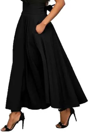Women's High Waist Half Vintage Pleated Maxi Skirt Fashionable Elegantes A-Line Midi Skirts with Pockets
