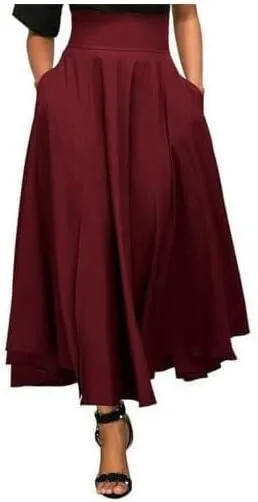 Women's High Waist Half Vintage Pleated Maxi Skirt Fashionable Elegantes A-Line Midi Skirts with Pockets
