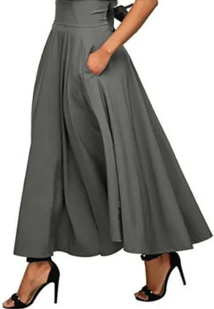Women's High Waist Half Vintage Pleated Maxi Skirt Fashionable Elegantes A-Line Midi Skirts with Pockets