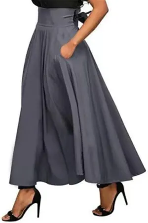 Women's High Waist Half Vintage Pleated Maxi Skirt Fashionable Elegantes A-Line Midi Skirts with Pockets