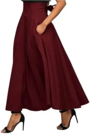 Women's High Waist Half Vintage Pleated Maxi Skirt Fashionable Elegantes A-Line Midi Skirts with Pockets