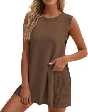 Womens Knit Pajamas Sets 2 Piece Outfits Casual Sleeveless Sweater Tank Top Shorts Loungewear Lounge Sets