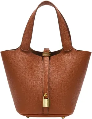 Women's Leather Tote Bag: Fashionable Lock Design Solid Color Bucket Bag Mini Handbag Wallet Handbag