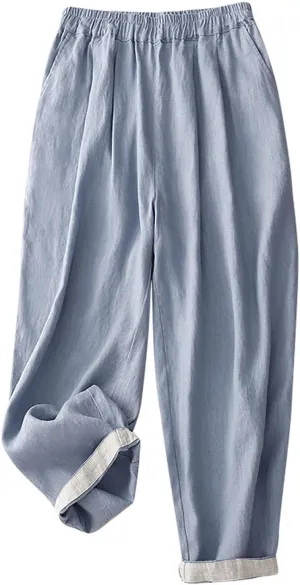Women's Linen Pants Elastic Wasit Straight Leg Trousers Casual Loose Fit Cropped Pants Ladies Summer Clothes Outfits