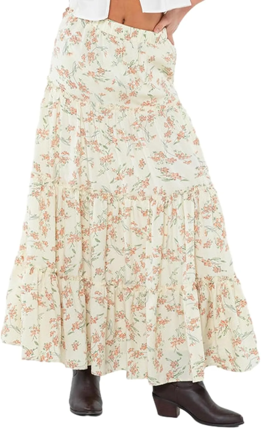 Women's Long Maxi Skirts Elastic High Waist Tiered Flowy Long Skirt Pleated Swing A-Line Maxi Summer Beach Skirt