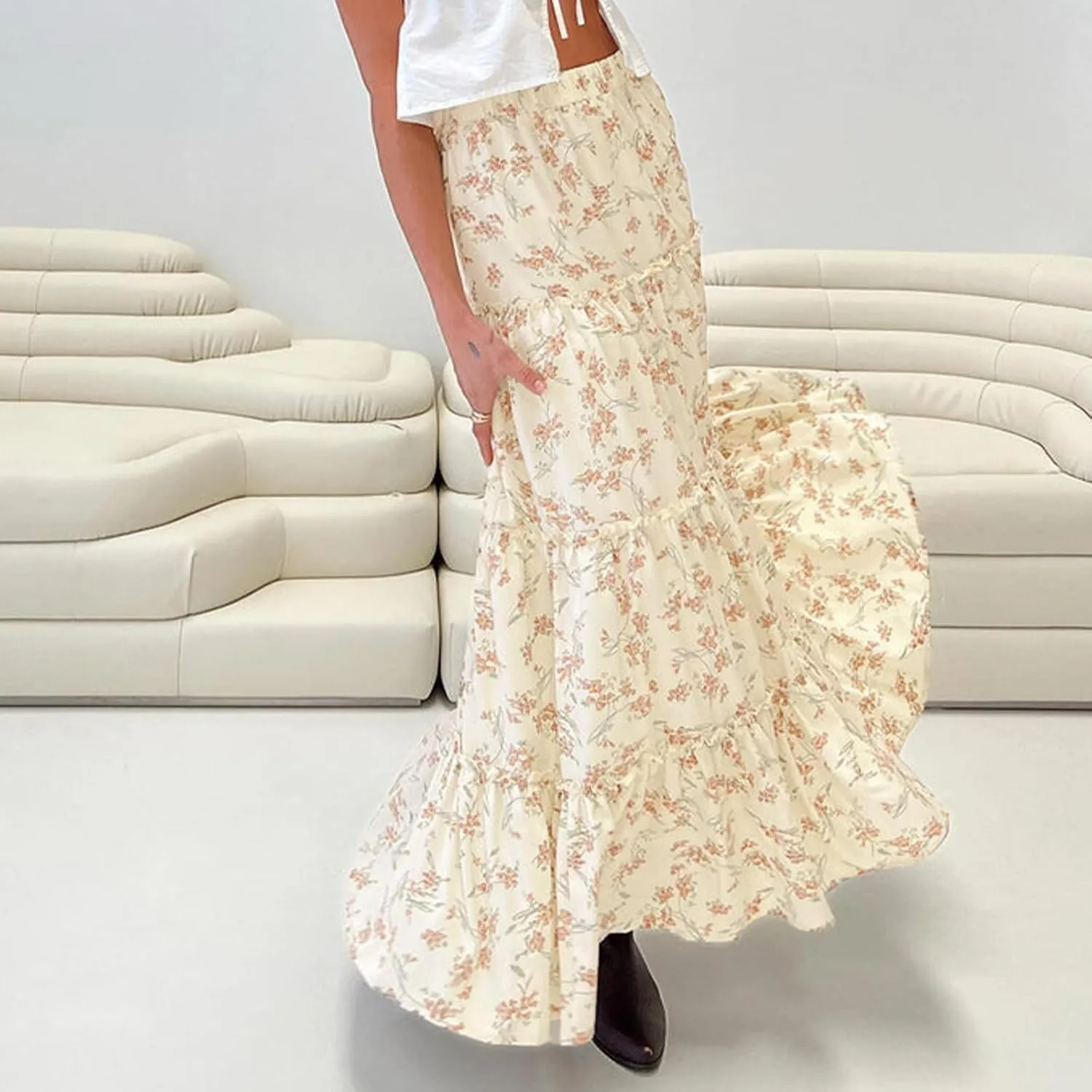 Women's Long Maxi Skirts Elastic High Waist Tiered Flowy Long Skirt Pleated Swing A-Line Maxi Summer Beach Skirt