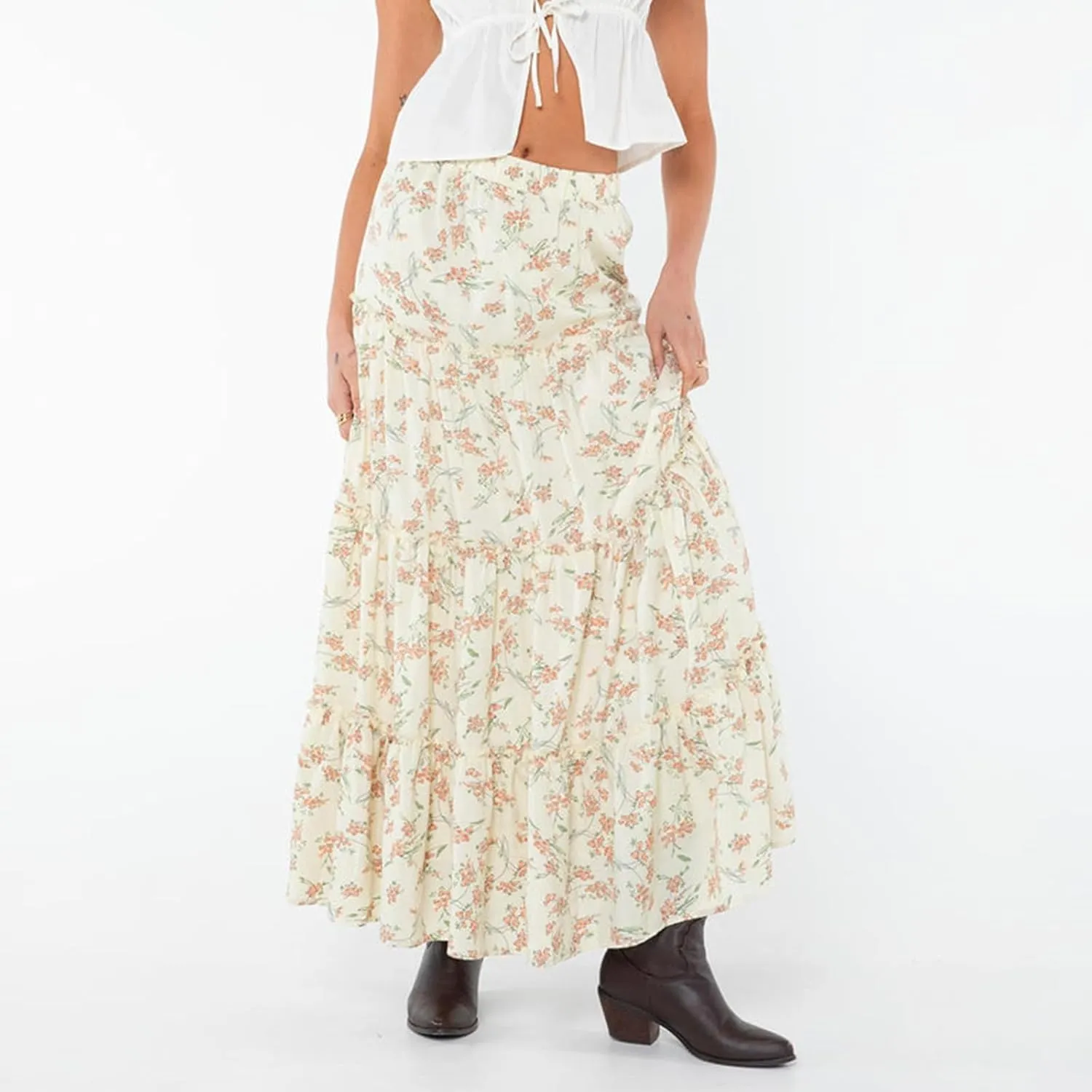 Women's Long Maxi Skirts Elastic High Waist Tiered Flowy Long Skirt Pleated Swing A-Line Maxi Summer Beach Skirt