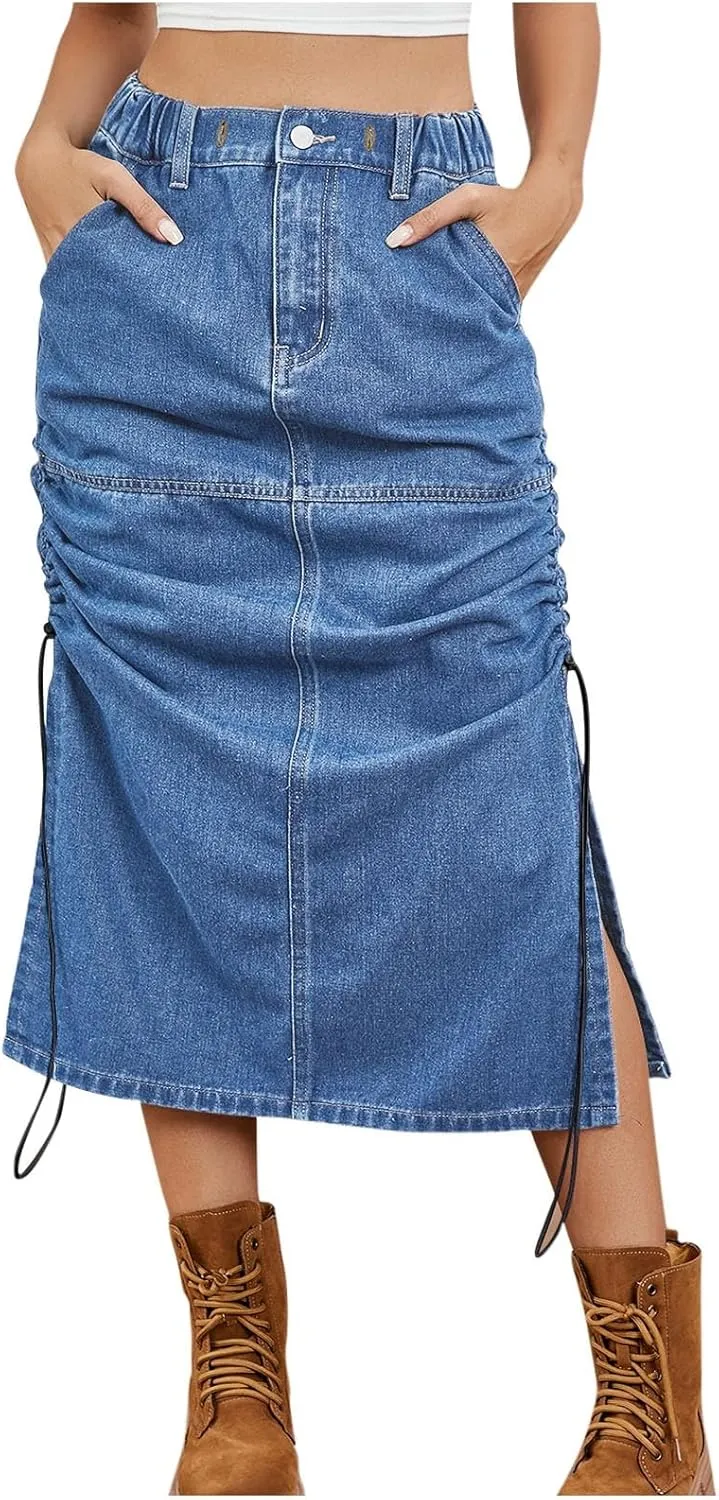Women's Maxi Long Denim Skirt High Waisted Summer Casual Y2k Split Drawstring A-Line Midi Jean Skirts with Pockets