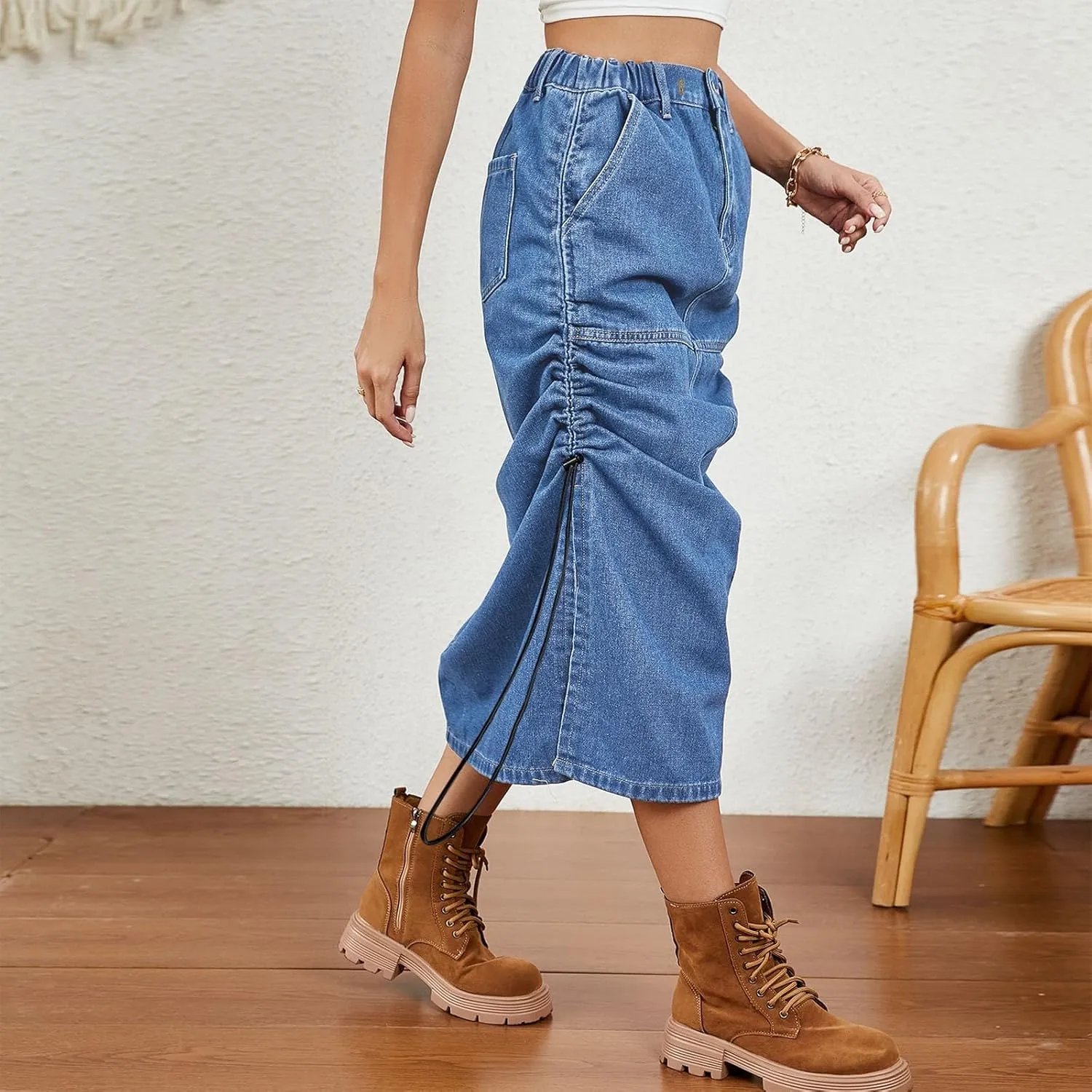 Women's Maxi Long Denim Skirt High Waisted Summer Casual Y2k Split Drawstring A-Line Midi Jean Skirts with Pockets
