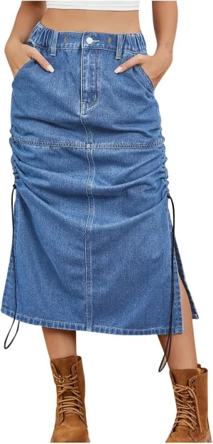 Women's Maxi Long Denim Skirt High Waisted Summer Casual Y2k Split Drawstring A-Line Midi Jean Skirts with Pockets