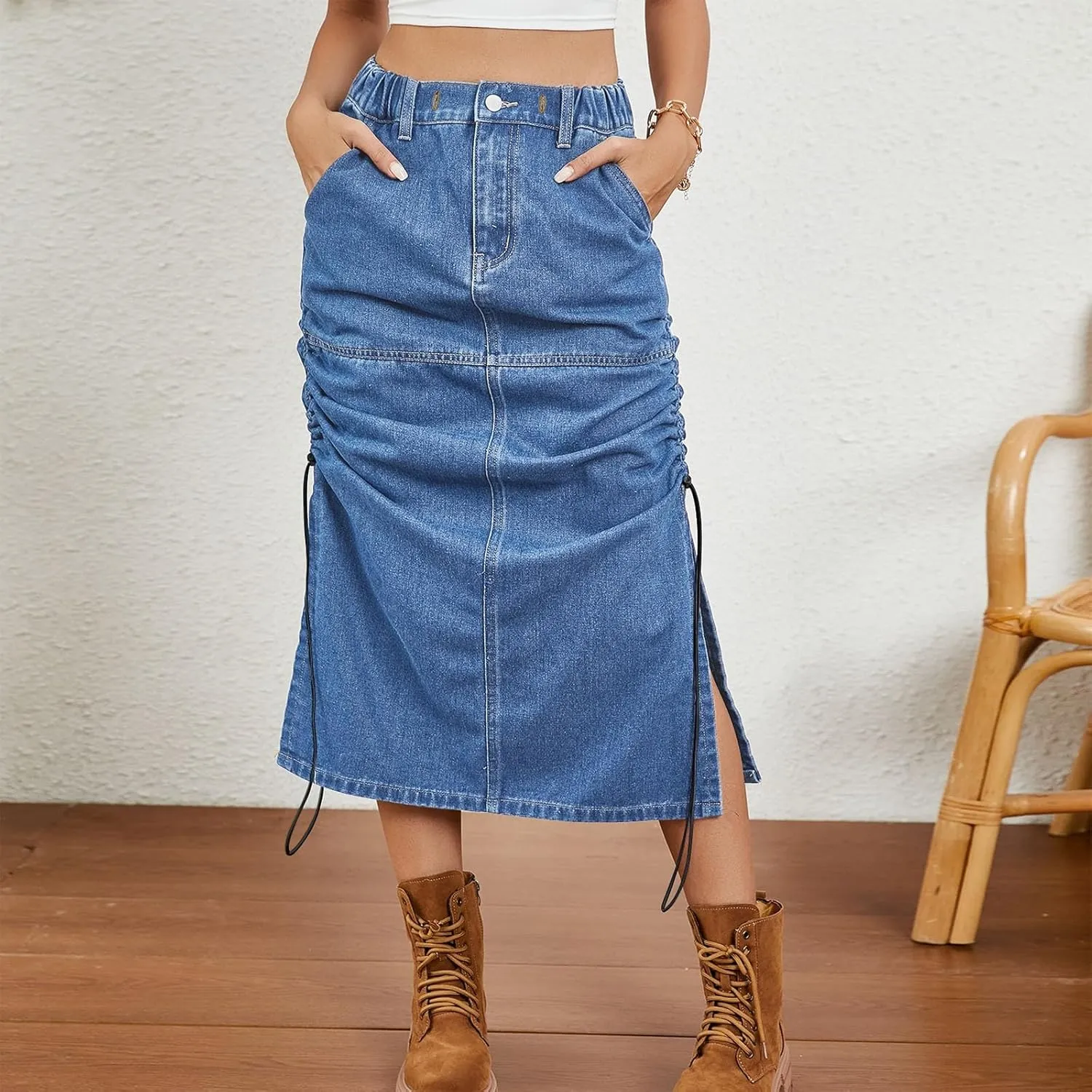 Women's Maxi Long Denim Skirt High Waisted Summer Casual Y2k Split Drawstring A-Line Midi Jean Skirts with Pockets
