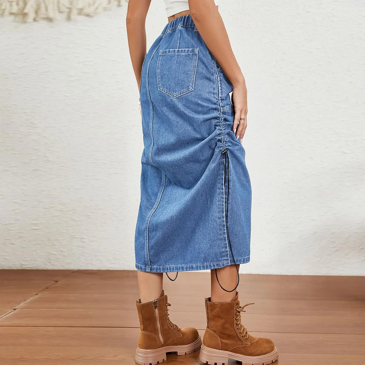 Women's Maxi Long Denim Skirt High Waisted Summer Casual Y2k Split Drawstring A-Line Midi Jean Skirts with Pockets