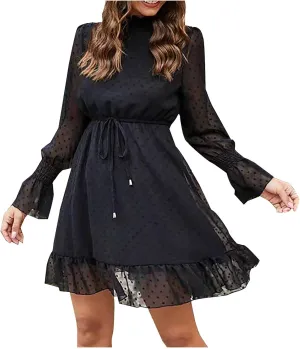 Womens Mesh Bell Sleeve Dresses Semi Formal High Neck Dress High Waist A Line Ruffle Hem Flowy Casual Party Mini Dress
